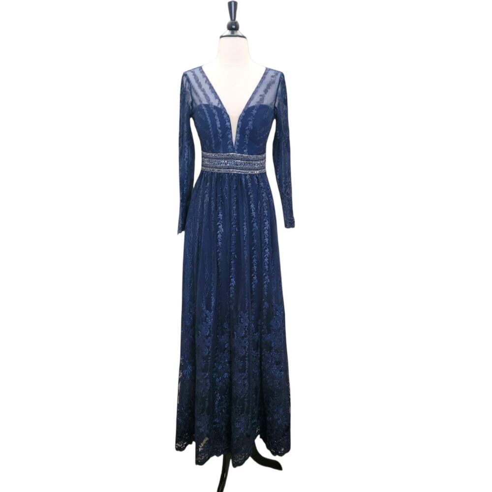 Mac Duggal 66591 Navy Blue 2 Long Sleeve Formal Embroidered Maxi Gown Dress - Picture 2 of 15